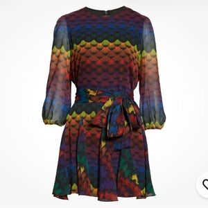ALICE + OLIVIA Mina Rainbow Ombre Ruffle Feather Print Belted Mini Dress Size 6